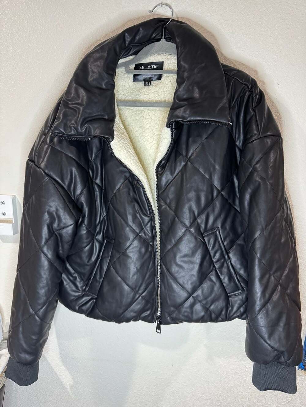 Mila & Tiff Quilted Faux Leather Sherpa Lined Puffer Jacket